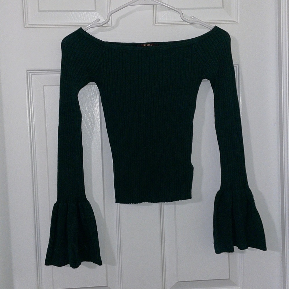 F21 off the shoulder knit sweater with sleeves that flare at the bottom